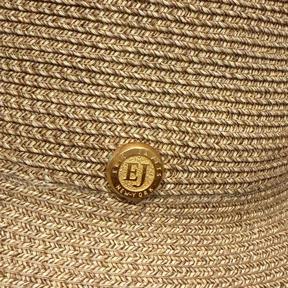 Eric Javits Wide Brim Straw Hat in Natural Tan with Gold Button - Picture 3 of 5